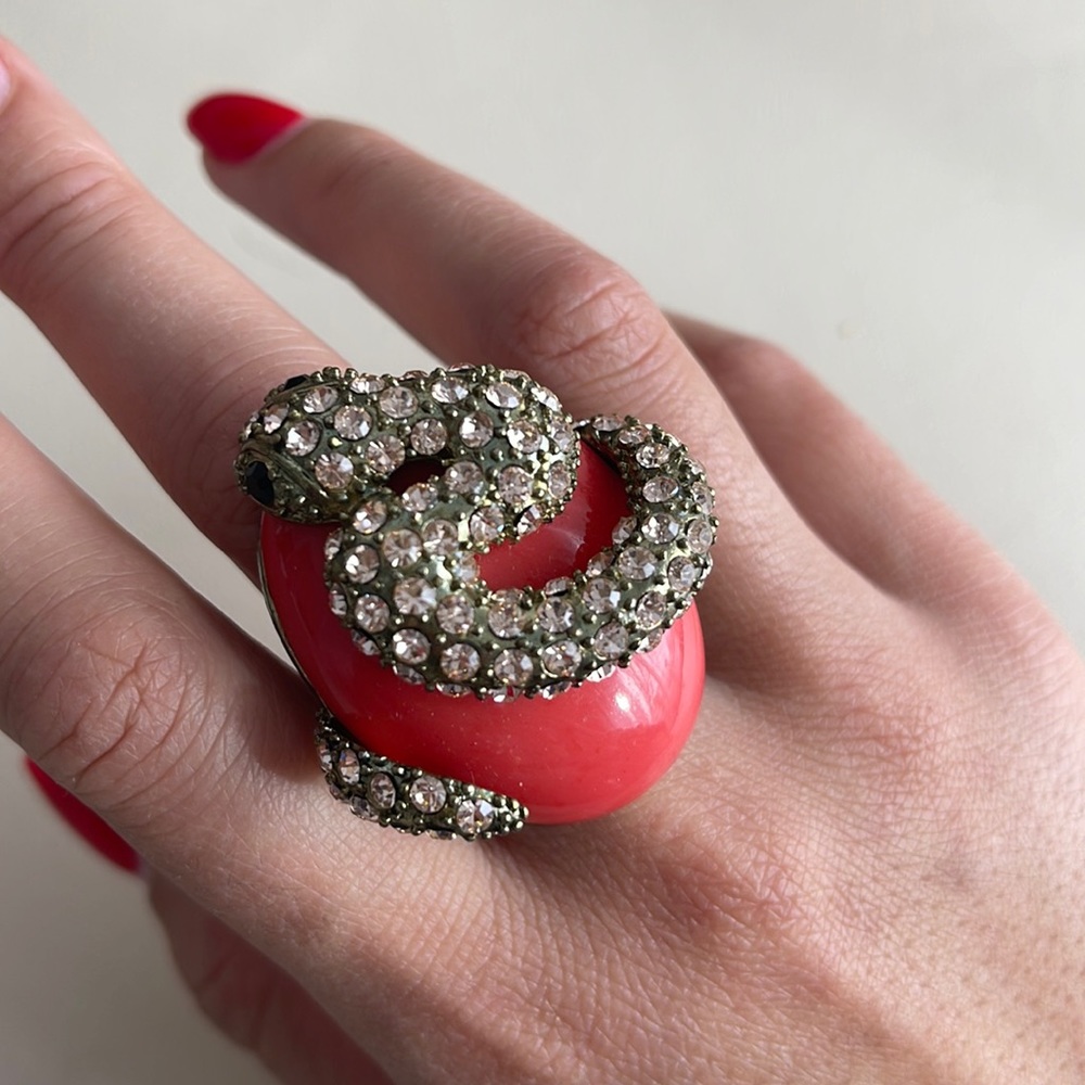 Cocktail ring with coral enamel and jewelled snake
